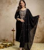  Embroidery Work Vichitra Straight Kurta Pant and Dupatta Set
