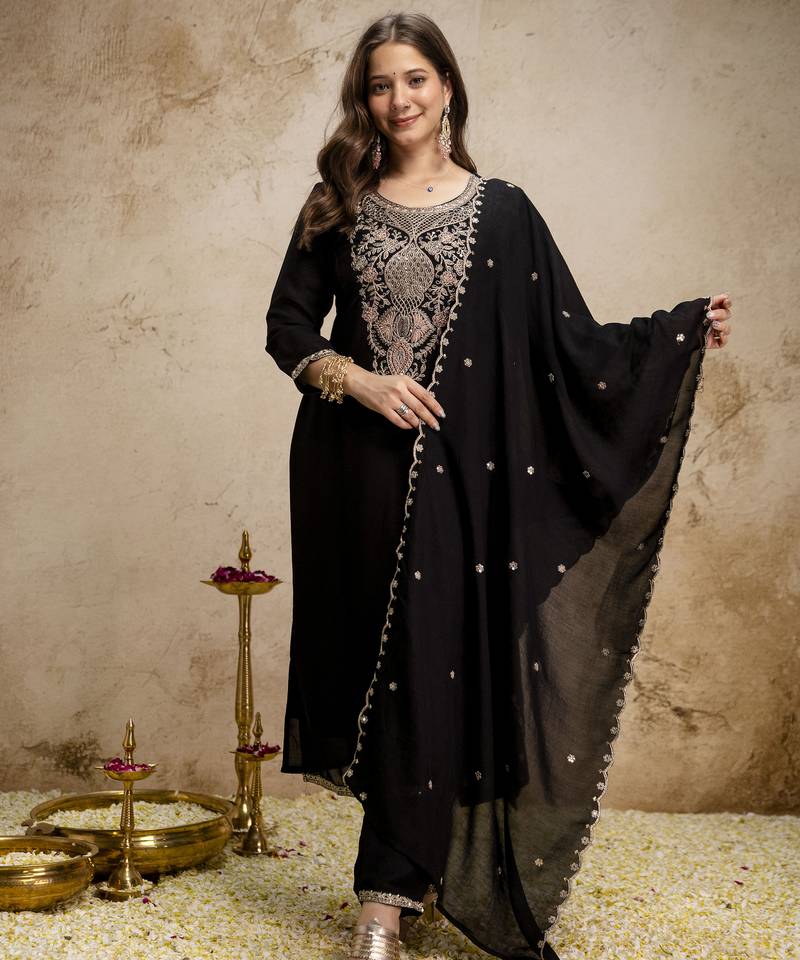  Embroidery Work Vichitra Straight Kurta Pant and Dupatta Set