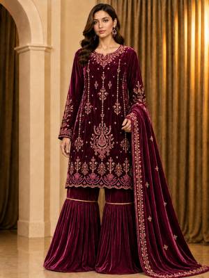 Maroon Velvet Fabric Embroidery Sequence Work salwar suit collection un stitched 1