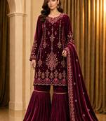 Maroon Velvet Fabric Embroidery Sequence Work salwar suit collection un stitched