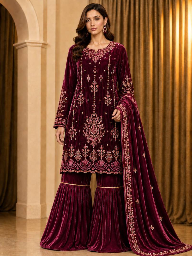 Maroon Velvet Fabric Embroidery Sequence Work salwar suit collection un stitched