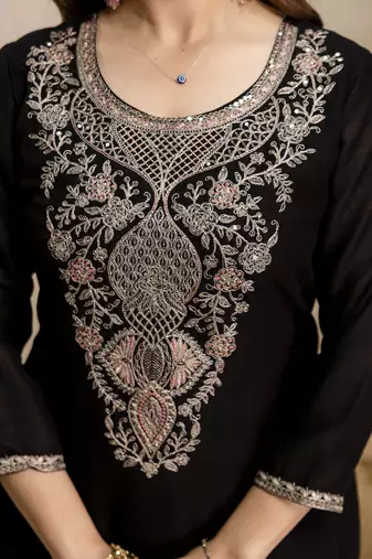  Embroidery Work Vichitra Straight Kurta Pant and Dupatta Set