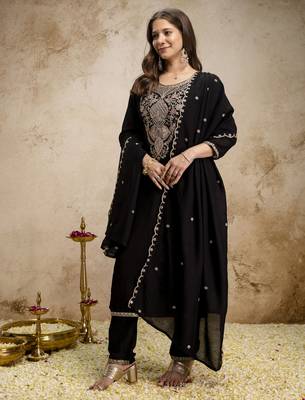  Embroidery Work Vichitra Straight Kurta Pant and Dupatta Set 3