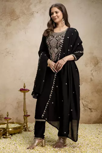  Embroidery Work Vichitra Straight Kurta Pant and Dupatta Set