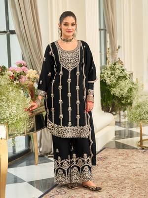 Black Chinon Fabric Embroidery Sequence Work sharara salwar suit collection un stitched 1