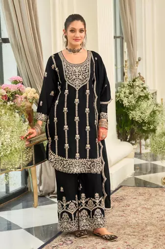 Black Chinon Fabric Embroidery Sequence Work sharara salwar suit collection un stitched