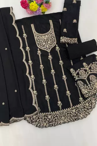 Black Chinon Fabric Embroidery Sequence Work sharara salwar suit collection un stitched