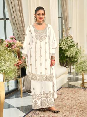 White Chinon Fabric Embroidery Sequence Work sharara salwar suit collection un stitched 1