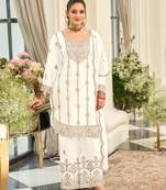 White Chinon Fabric Embroidery Sequence Work sharara salwar suit collection un stitched