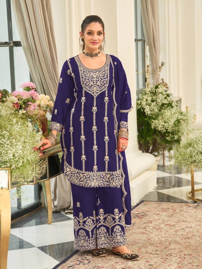 Purple Chinon Fabric Embroidery Sequence Work sharara salwar suit collection un stitched