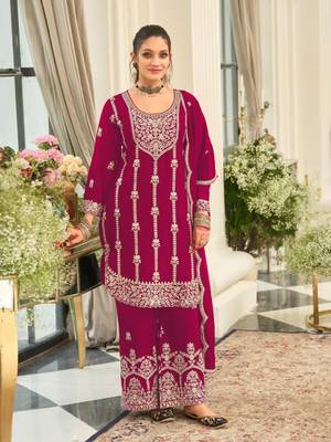 Rani pink Chinon Fabric Embroidery Sequence Work sharara salwar suit collection un stitched 1