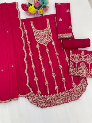 Rani pink Chinon Fabric Embroidery Sequence Work sharara salwar suit collection un stitched 2