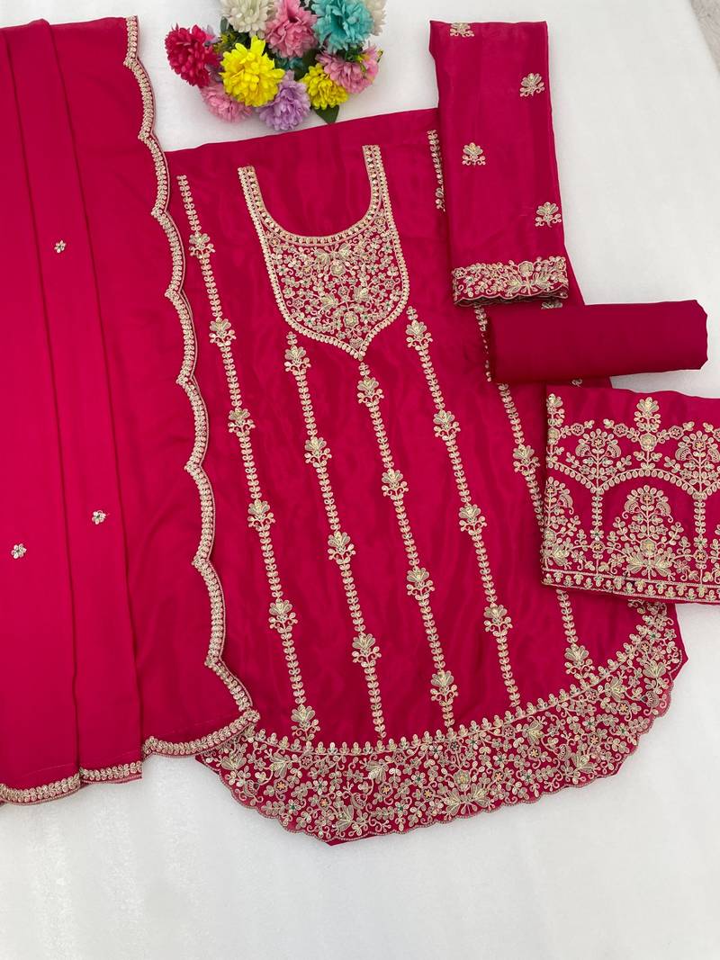 Rani pink Chinon Fabric Embroidery Sequence Work sharara salwar suit collection un stitched