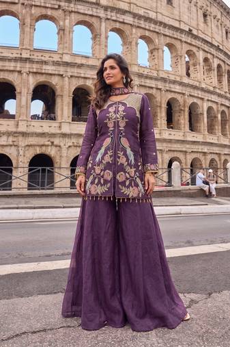 Lavender Heavy Crunchy silk sharara salwar suit Readymade collection With Embroidery Sequence Work 