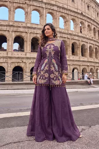 Lavender Heavy Crunchy silk sharara salwar suit Readymade collection With Embroidery Sequence Work 