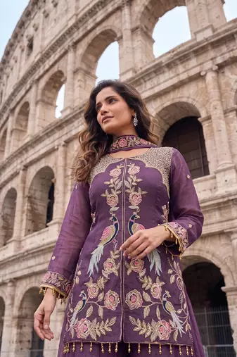 Lavender Heavy Crunchy silk sharara salwar suit Readymade collection With Embroidery Sequence Work 