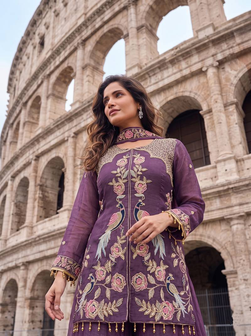 Lavender Heavy Crunchy silk sharara salwar suit Readymade collection With Embroidery Sequence Work 