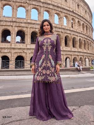 Lavender Heavy Crunchy silk sharara salwar suit Readymade collection With Embroidery Sequence Work  3