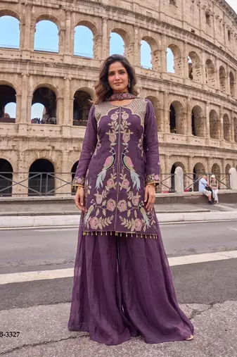 Lavender Heavy Crunchy silk sharara salwar suit Readymade collection With Embroidery Sequence Work 