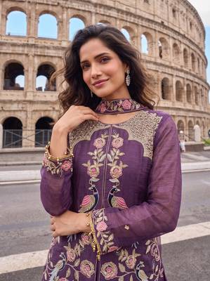Lavender Heavy Crunchy silk sharara salwar suit Readymade collection With Embroidery Sequence Work  4