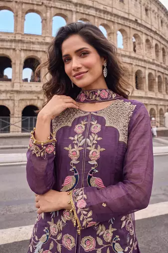Lavender Heavy Crunchy silk sharara salwar suit Readymade collection With Embroidery Sequence Work 
