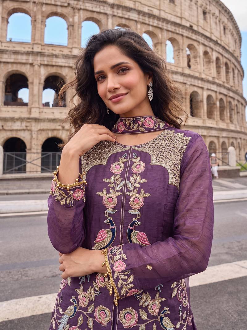Lavender Heavy Crunchy silk sharara salwar suit Readymade collection With Embroidery Sequence Work 