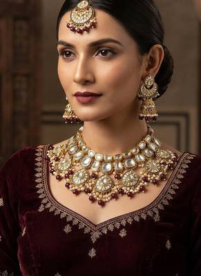 Stunning maroon color kundan necklace set for ethnic occasions 1