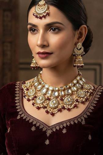 Stunning maroon color kundan necklace set for ethnic occasions