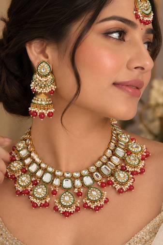 Elegant red color kundan necklace set for traditional wedding wear