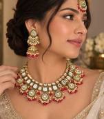 Elegant red color kundan necklace set for traditional wedding wear
