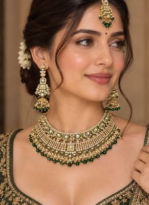 Traditional Green Kundan Necklace Set with Golden 1
