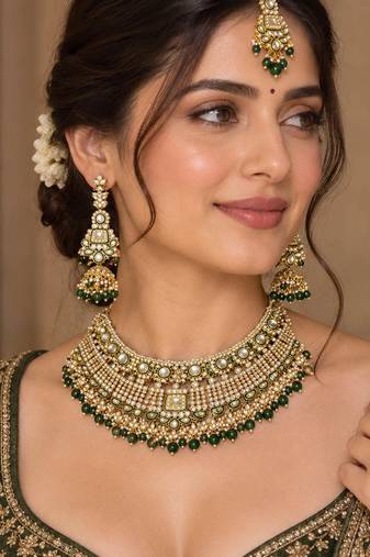 Traditional Green Kundan Necklace Set with Golden