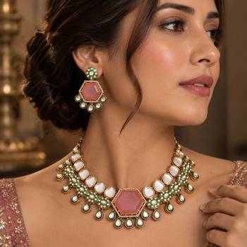 Pink color kundan necklace set 1