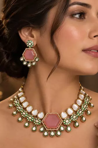 Pink color kundan necklace set
