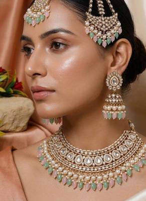 Pink & pista green color kundan necklace set 1