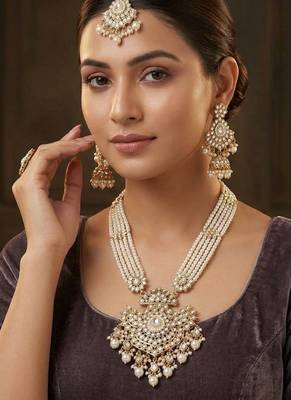 White color long kundan necklace set 1