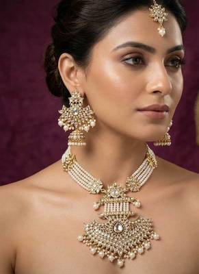 White color long kundan necklace set 1