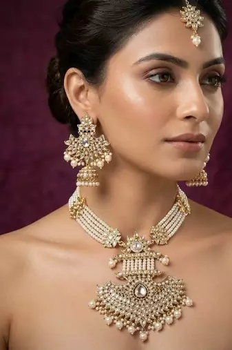 White color long kundan necklace set
