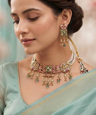 Pista green & rani color choker matte gold necklace set 1