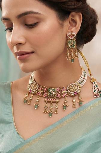 Pista green & rani color choker matte gold necklace set