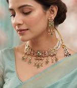 Pista green & rani color choker matte gold necklace set