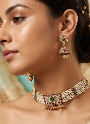 Green Maroon Kundan Beads Gold Alloy Necklace Jewelry 1