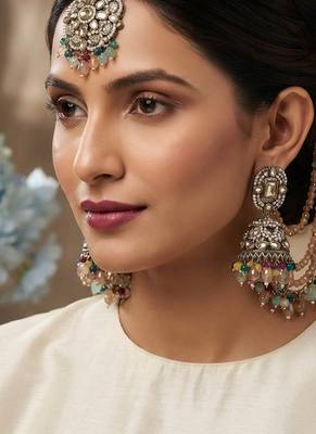 multi color kundan jhumka earrings with maang tikka set 1