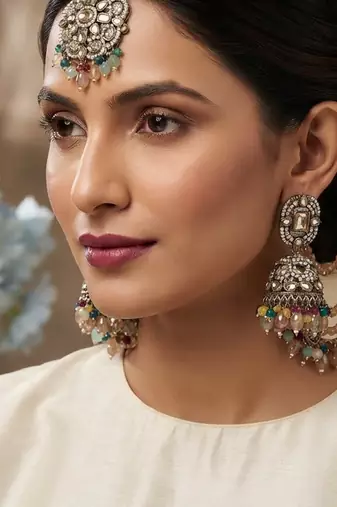 multi color kundan jhumka earrings with maang tikka set