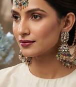 multi color kundan jhumka earrings with maang tikka set