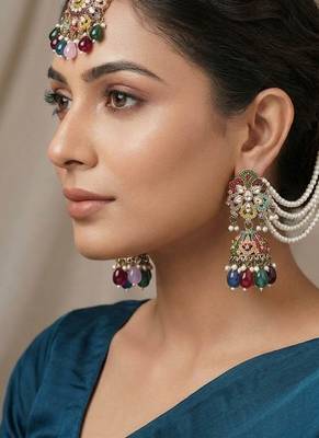 multicolor kundan earrings and maang tikka set 1