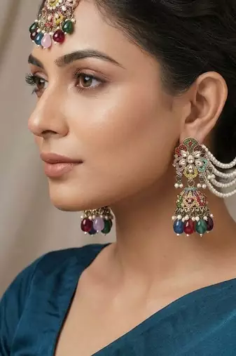 multicolor kundan earrings and maang tikka set
