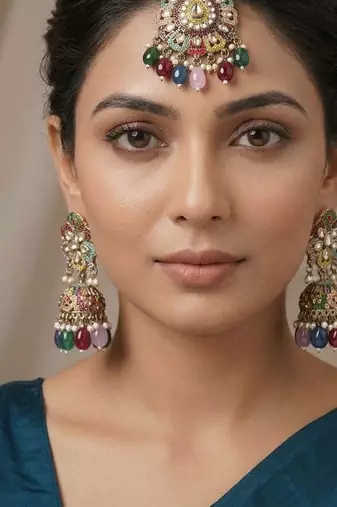 multicolor kundan earrings and maang tikka set