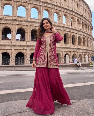 Rani Pink Heavy Crunchy silk sharara salwar suit Readymade collection With Embroidery Sequence Work  1