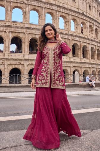 Rani Pink Heavy Crunchy silk sharara salwar suit Readymade collection With Embroidery Sequence Work 